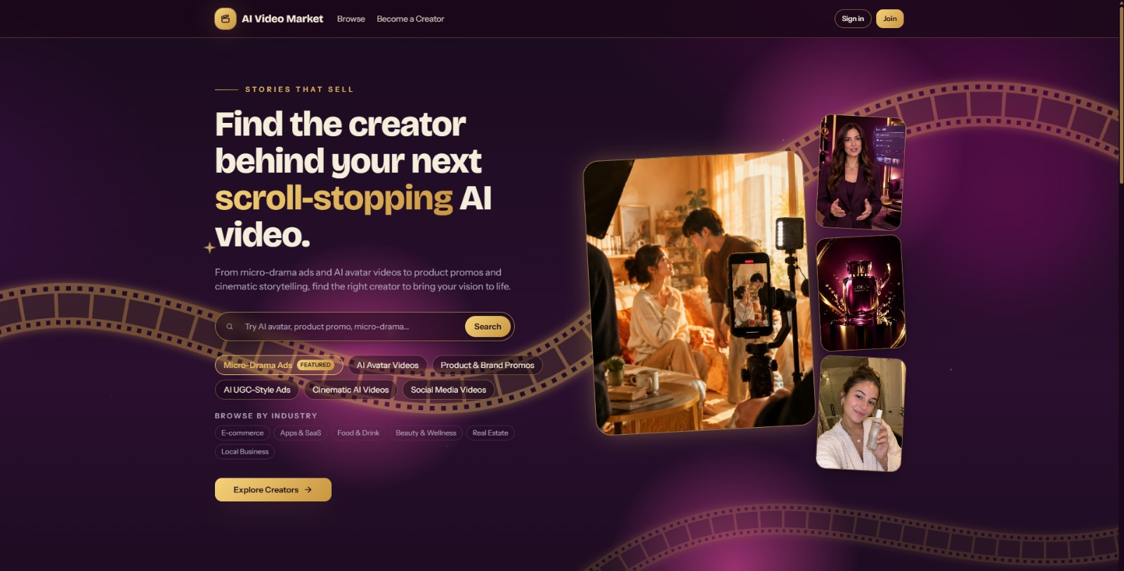 AI Video Creator Directory listing page showing featured creator categories, industry filters, and example video portfolios