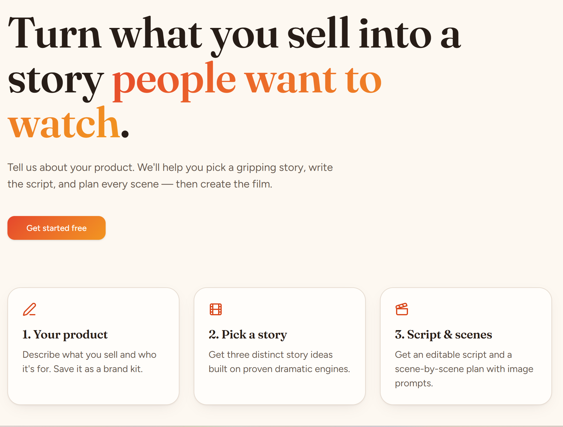 The Story Spark™ app: describe your product, pick a story, and get a script and scene plan